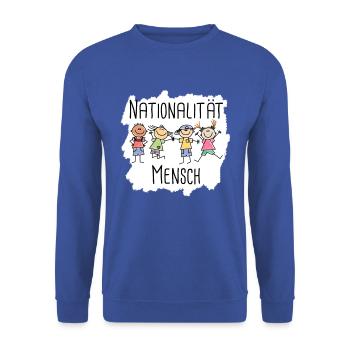 Nationalität Mensch - Anti Rassismus - Diversity - Unisex Pullover - Royalblau - Vorne - Alina (178cm) & Michal (187cm)