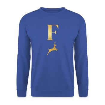 Buchstabe f Goldener Hirsch - Geschenkidee - Unisex Pullover - Royalblau - Vorne - Alina (178cm) & Michal (187cm)