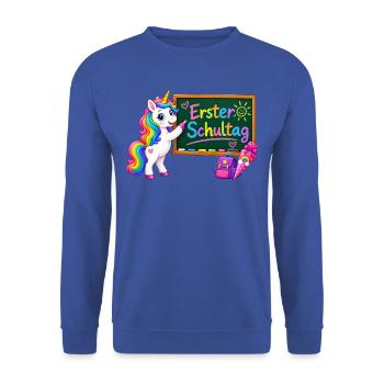 Erster Schultag Unicorn  - Unisex Pullover - Royalblau - Vorne - Alina (178cm) & Michal (187cm)