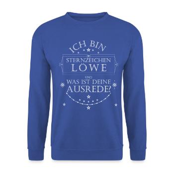 Ich bin Sternzeichen Löwe. Was ist deine Ausrede? - Unisex Pullover - Royalblau - Vorne - Alina (178cm) & Michal (187cm)