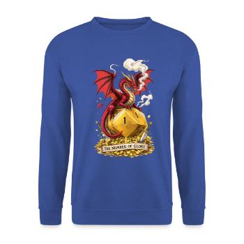 Drache auf W20 – Number of Glory Cartoon - Unisex Pullover - Royalblau - Vorne - Alina (178cm) & Michal (187cm)