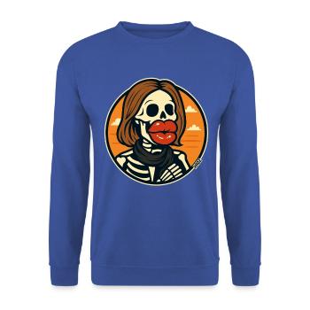 Skelett mit roten Lippen - Unisex Pullover - Royalblau - Vorne - Alina (178cm) & Michal (187cm)