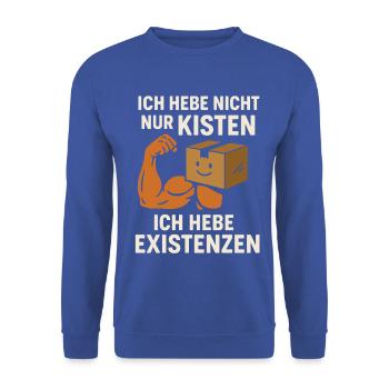 Ich hebe Existenzen Umzug Umzugshelfer  - Unisex Pullover - Royalblau - Vorne - Alina (178cm) & Michal (187cm)