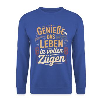 Bahn Genieße Das Leben In Vollen Zügen Eisenbahn - Unisex Pullover - Royalblau - Vorne - Alina (178cm) & Michal (187cm)