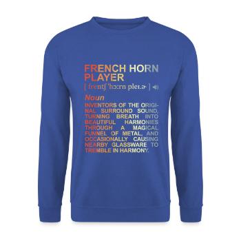 Waldhornspieler Begriffserklärung - Unisex Pullover - Royalblau - Vorne - Alina (178cm) & Michal (187cm)