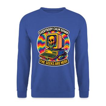 Geeks sind hier Retro Skull Computer - Unisex Pullover - Royalblau - Vorne - Alina (178cm) & Michal (187cm)