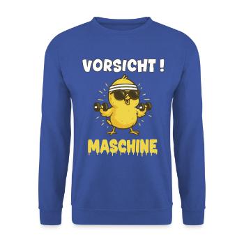 Vorsicht Maschine lustiges Kueken macht Kraft - Unisex Pullover - Royalblau - Vorne - Alina (178cm) & Michal (187cm)