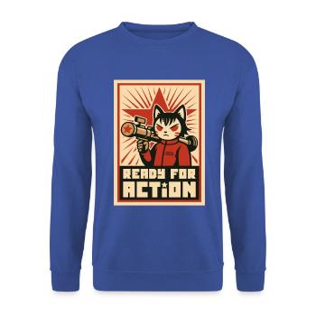 Retro Cat Commando: Bereit für den Einsatz - Unisex Pullover - Royalblau - Vorne - Alina (178cm) & Michal (187cm)