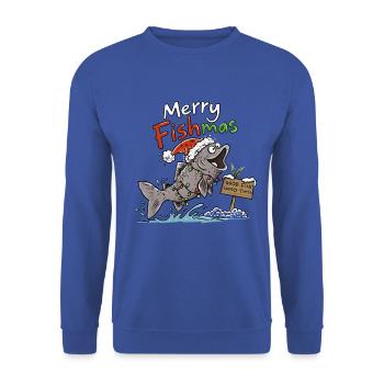 Merry Fishmas | Lustiger Fisch Weihnachten Angler - Unisex Pullover - Royalblau - Vorne - Alina (178cm) & Michal (187cm)