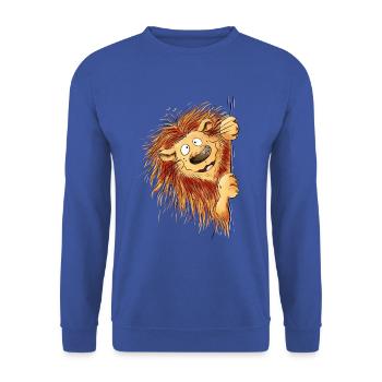 Lustiger Löwe tum die Ecke I Löwenmotiv Wildtier - Unisex Pullover - Royalblau - Vorne - Alina (178cm) & Michal (187cm)