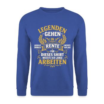 Legenden gehen in Rente – Ruhestand Spruch - Unisex Pullover - Royalblau - Vorne - Alina (178cm) & Michal (187cm)