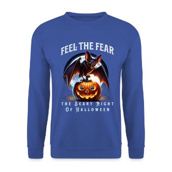 Feel The Fear Halloween Bat Kürbis Vollmond - Unisex Pullover - Royalblau - Vorne - Alina (178cm) & Michal (187cm)