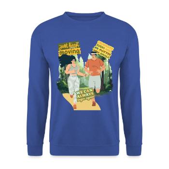 Laufduo im Wald: Mut zum Neustart - Unisex Pullover - Royalblau - Vorne - Alina (178cm) & Michal (187cm)