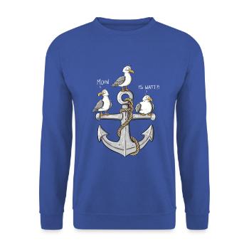 Moin Möwen Anker Nordsee Küste Maritim Humor - Unisex Pullover - Royalblau - Vorne - Alina (178cm) & Michal (187cm)