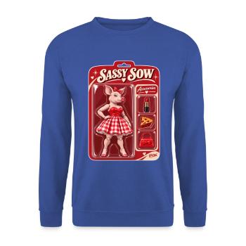 Sassy Sow Retro-Schweinepuppe - Unisex Pullover - Royalblau - Vorne - Alina (178cm) & Michal (187cm)