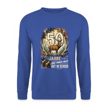 50 Jahre Und Immer Noch Gut In Schuss Jäger  - Unisex Pullover - Royalblau - Vorne - Alina (178cm) & Michal (187cm)