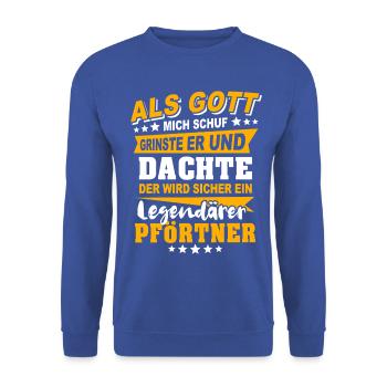 Pförtner Sprüche - Unisex Pullover - Royalblau - Vorne - Alina (178cm) & Michal (187cm)