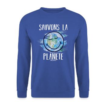 Rette den weißen Smileyworld-Planeten - Unisex Pullover - Royalblau - Vorne - Alina (178cm) & Michal (187cm)