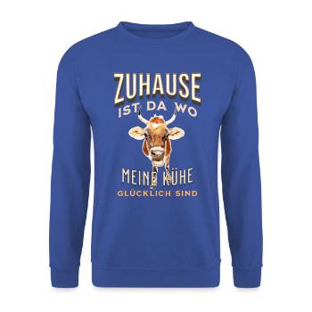 Zuhause ist da wo meine Kühe glücklich sind Shirt - Unisex Pullover - Royalblau - Vorne - Alina (178cm) & Michal (187cm)