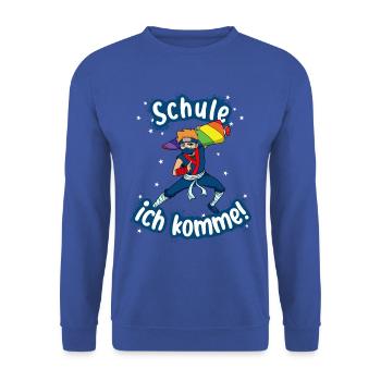 Schule ich komme - Ninja Schulanfang Einschulung - Unisex Pullover - Royalblau - Vorne - Alina (178cm) & Michal (187cm)