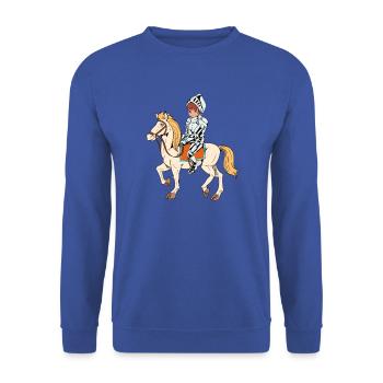Junge in Rüstung reitet auf Pferd - Ritter - Unisex Pullover - Royalblau - Vorne - Alina (178cm) & Michal (187cm)