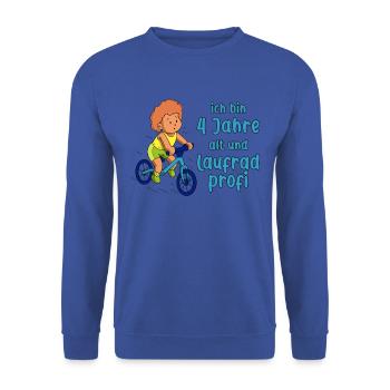 Junge 4 Jahre alt und Profi auf dem Laufrad - Unisex Pullover - Royalblau - Vorne - Alina (178cm) & Michal (187cm)