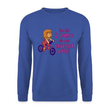 Mädchen 2 Jahre alt und Profi auf dem Laufrad - Unisex Pullover - Royalblau - Vorne - Alina (178cm) & Michal (187cm)