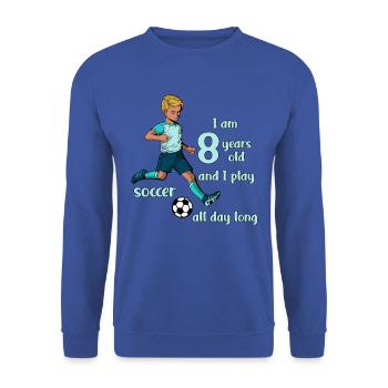 Un garçon tire au football - J’ai 8 ans - Sweat-shirt Unisexe - bleu royal - Devant - Alina (178cm) & Michal (187cm)
