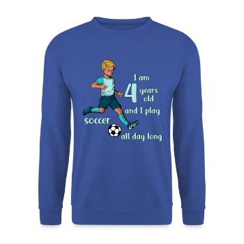 Un garçon tire au football - J’ai 4 ans - Sweat-shirt Unisexe - bleu royal - Devant - Alina (178cm) & Michal (187cm)