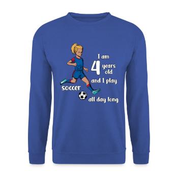Une fille tire au football - J’ai 4 ans - Sweat-shirt Unisexe - bleu royal - Devant - Alina (178cm) & Michal (187cm)