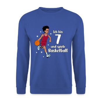 Junge spielt Basketball - Ich bin 7 Jahre - Unisex Pullover - Royalblau - Vorne - Alina (178cm) & Michal (187cm)
