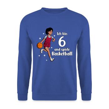 Mädchen spielt Basketball - Ich bin 6 Jahre - Unisex Pullover - Royalblau - Vorne - Alina (178cm) & Michal (187cm)