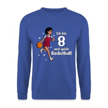 Mädchen spielt Basketball - Ich bin 8 Jahre - Unisex Pullover - Royalblau - Vorne - Alina (178cm) & Michal (187cm)