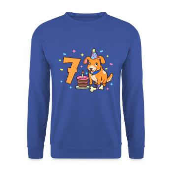 Mit Hund - Kinder Geburtstag 7 Jahre - Unisex Pullover - Royalblau - Vorne - Alina (178cm) & Michal (187cm)
