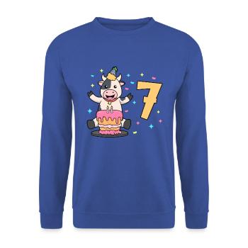 Avec Vache - Anniversaire Enfants 7 Ans - Sweat-shirt Unisexe - bleu royal - Devant - Alina (178cm) & Michal (187cm)