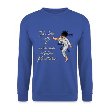 Ich bin 8 - Jungen Karate - Unisex Pullover - Royalblau - Vorne - Alina (178cm) & Michal (187cm)