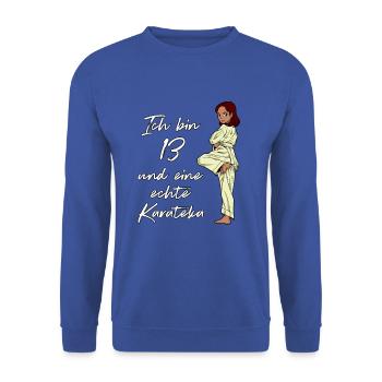Ich bin 13 - Mädchen Karate - Unisex Pullover - Royalblau - Vorne - Alina (178cm) & Michal (187cm)