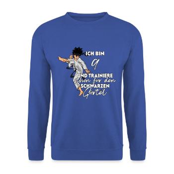 Ich bin 9 - Jungen Karate - Unisex Pullover - Royalblau - Vorne - Alina (178cm) & Michal (187cm)