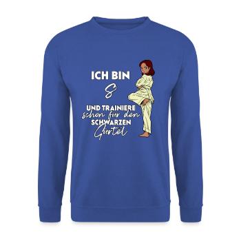 Ich bin 8 - Mädchen Karate - Unisex Pullover - Royalblau - Vorne - Alina (178cm) & Michal (187cm)