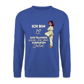 Ich bin 12 - Mädchen Karate - Unisex Pullover - Royalblau - Vorne - Alina (178cm) & Michal (187cm)
