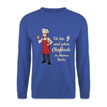Ich bin 9 - Jungen Koch - Unisex Pullover - Royalblau - Vorne - Alina (178cm) & Michal (187cm)