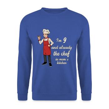 Ich bin 9 - Jungen Koch - Unisex Pullover - Royalblau - Vorne - Alina (178cm) & Michal (187cm)