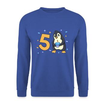With Penguin - Children Birthday 5 years - Unisex Sweatshirt - royal blue - Front - Alina (178cm) & Michal (187cm)