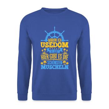 Schöne Muscheln - Warum ich Usedom so liebe - Unisex Pullover - Royalblau - Vorne - Alina (178cm) & Michal (187cm)