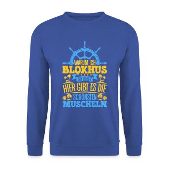 Schöne Muscheln - Warum ich Blokhus so liebe - Unisex Pullover - Royalblau - Vorne - Alina (178cm) & Michal (187cm)