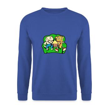 Katze und Pizza essen Popcorn - Unisex Pullover - Royalblau - Vorne - Alina (178cm) & Michal (187cm)