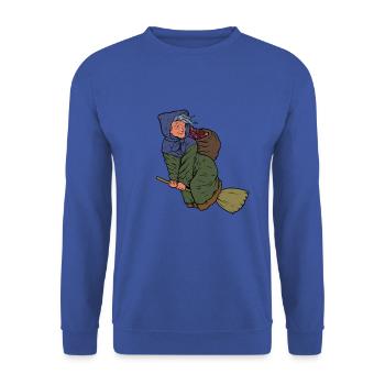 Mit Weihnachtsgeschenken auf Besen - Befana - Unisex Pullover - Royalblau - Vorne - Alina (178cm) & Michal (187cm)