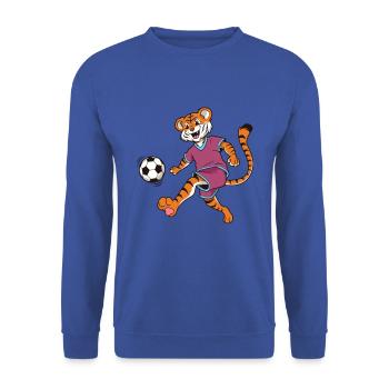 Comic Tiger spielt Fußball - Unisex Pullover - Royalblau - Vorne - Alina (178cm) & Michal (187cm)