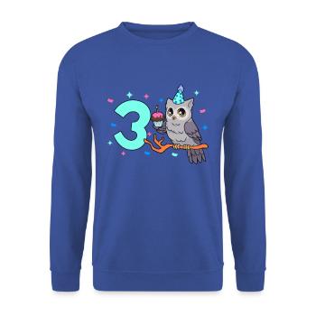 Mit Eule - Kinder Geburtstag 3 Jahre - Unisex Pullover - Royalblau - Vorne - Alina (178cm) & Michal (187cm)