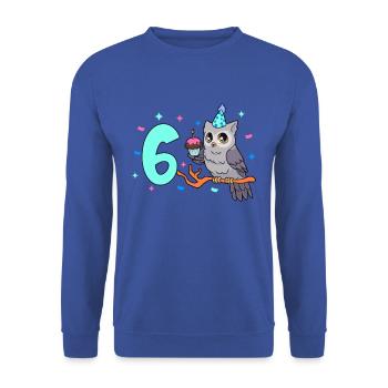 Mit Eule - Kinder Geburtstag 6 Jahre - Unisex Pullover - Royalblau - Vorne - Alina (178cm) & Michal (187cm)